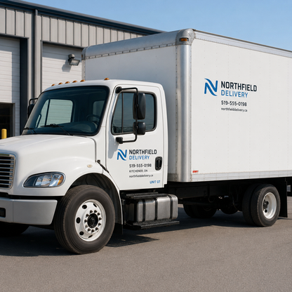White box truck with clean commercial lettering parked outside warehouse