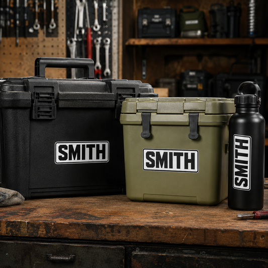 Custom name sticker pack on a cooler bottle and laptop