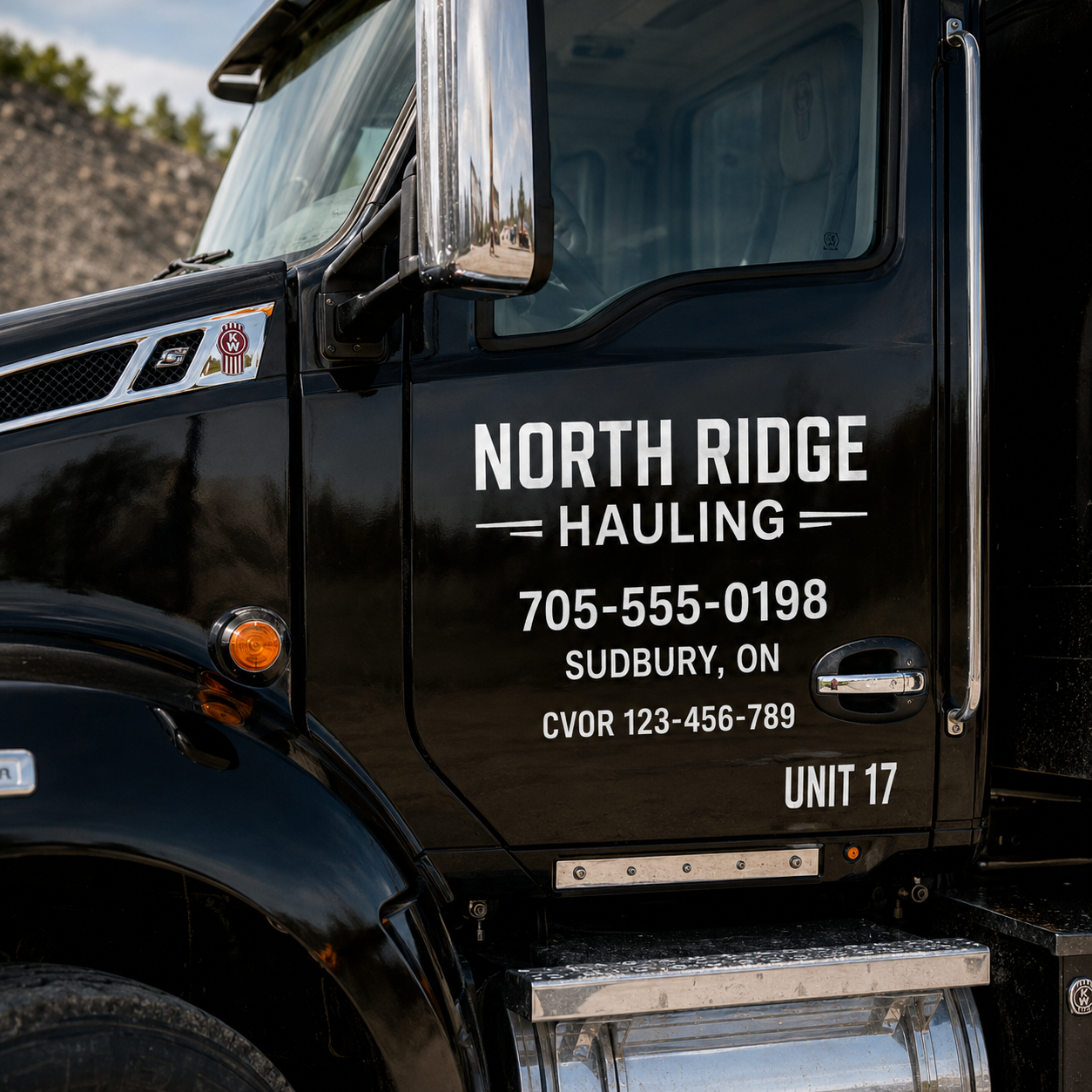 Dump truck at industrial worksite with professional door lettering in Ontario