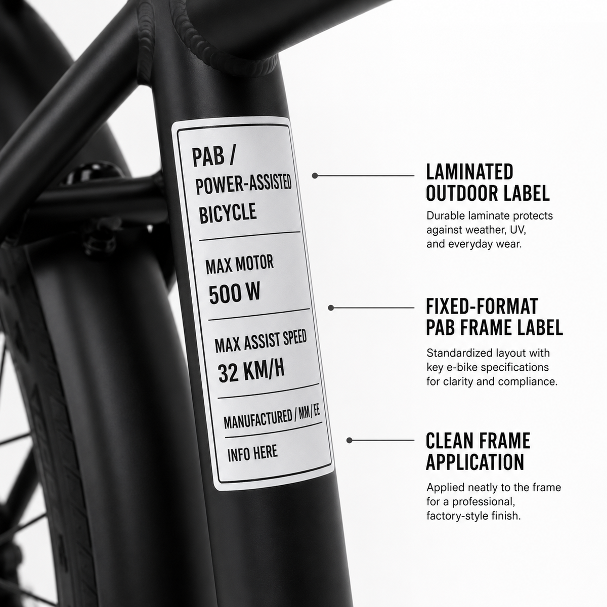 Matte black e-bike with Ontario PAB frame label applied