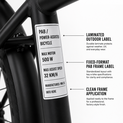 Matte black e-bike with Ontario PAB frame label applied