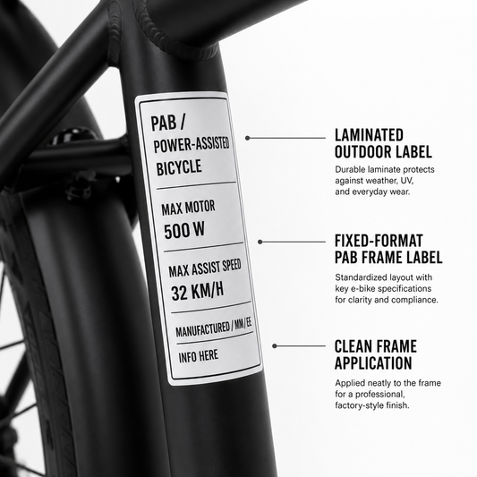 Matte black e-bike with Ontario PAB frame label applied