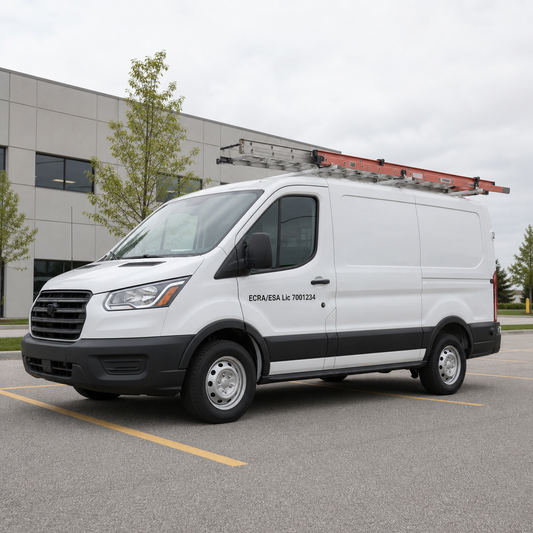 White electrical-contractor service van displaying fictional ECRA/ESA Lic 7001234 lettering in black.