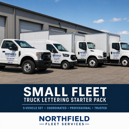 Five commercial fleet vehicles lined up with matching door lettering outside industrial building