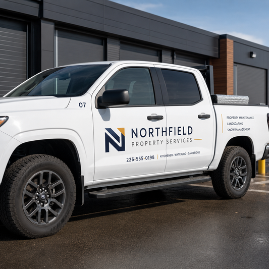 White pickup truck with clean business lettering outside commercial building