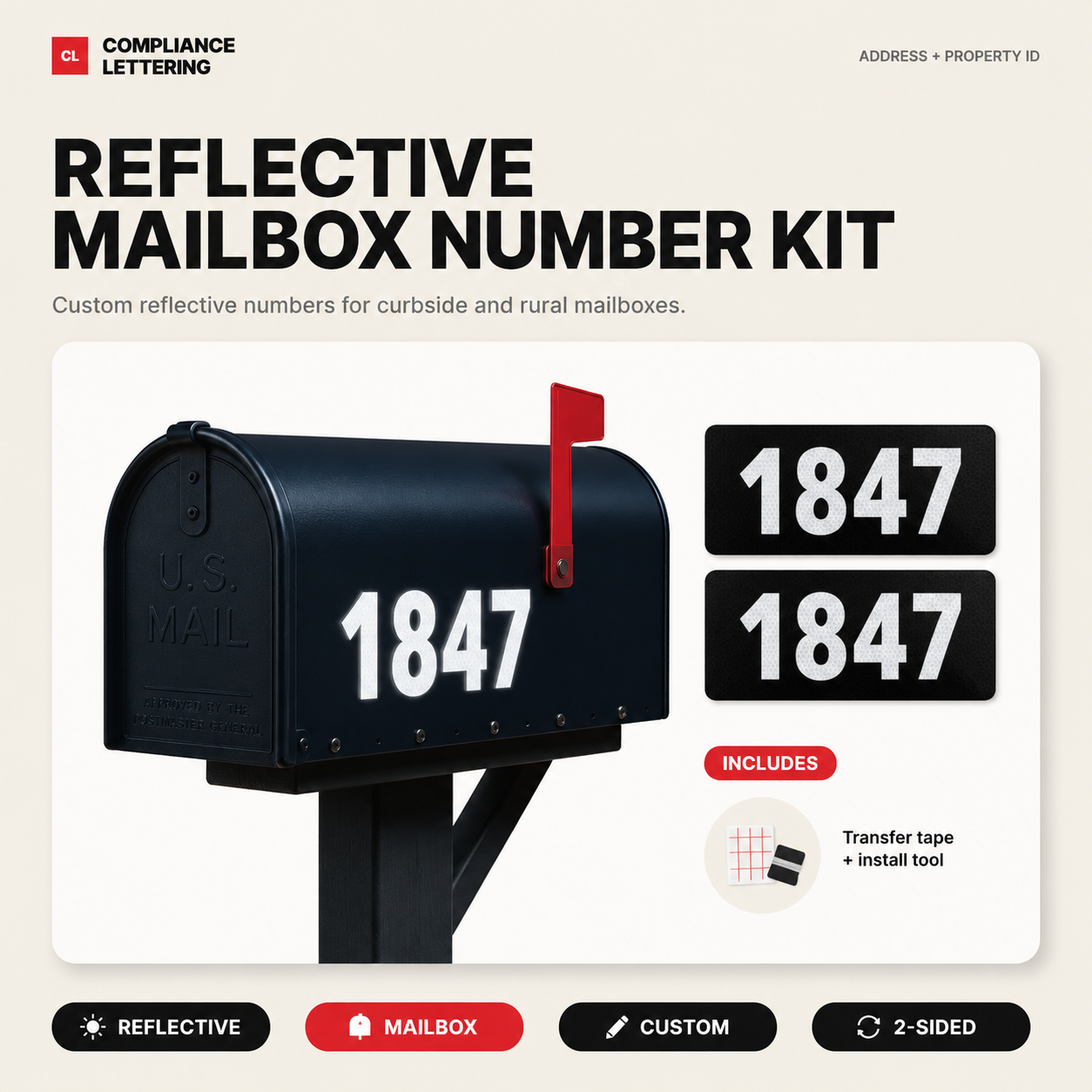 Reflective mailbox number kit applied to a rural mailbox