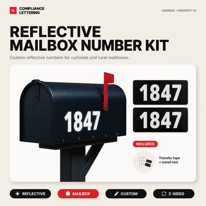 Reflective mailbox number kit applied to a rural mailbox