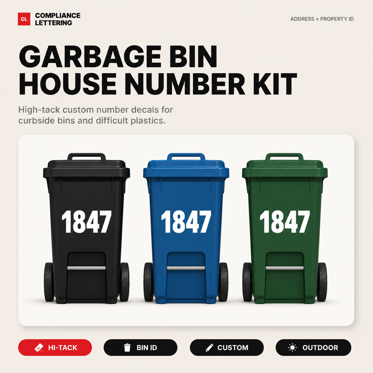 House number decals applied to a municipal garbage bin