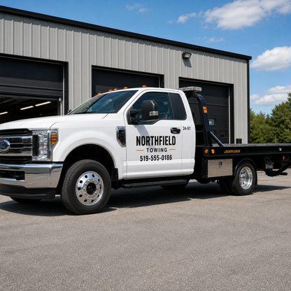 White flatbed tow truck with Northfield Towing door lettering and phone number, parked outside a service garage.