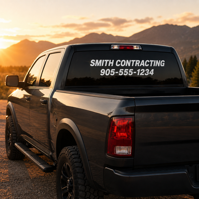Custom business window decal on a pickup truck rear window