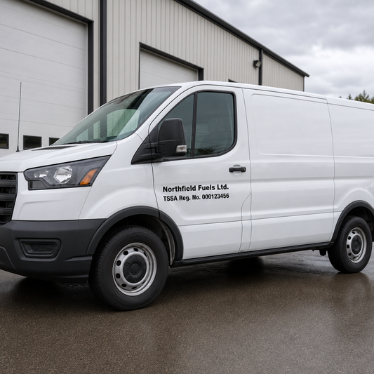 White fuels-contractor service van displaying a fictional business name and TSSA registration number.