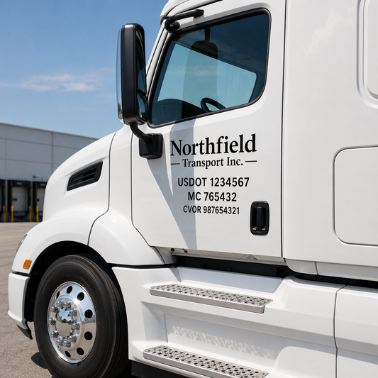 USDOT number decals applied to a semi truck door for a Canadian carrier