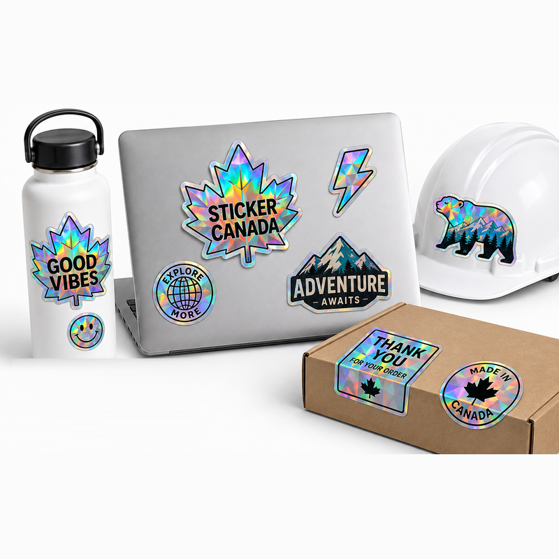 Holographic die-cut stickers applied to a water bottle, a laptop, a hard hat and a shipping box