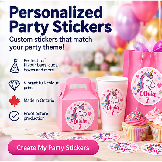 Personalized party sticker pack on favour bags, cups and party packaging in a coordinated unicorn birthday theme