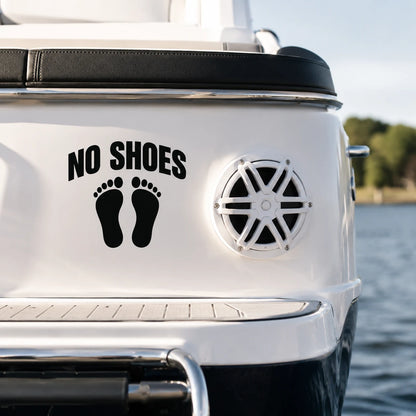 No Shoes on Boat black cut-vinyl decal installed beside a marine speaker on a white boat stern