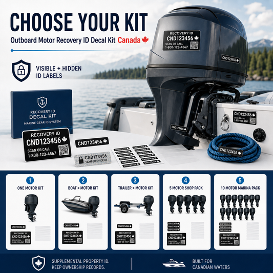 Outboard motor recovery ID decal kit options with visible and hidden labels for motors boats trailers shops and marinas