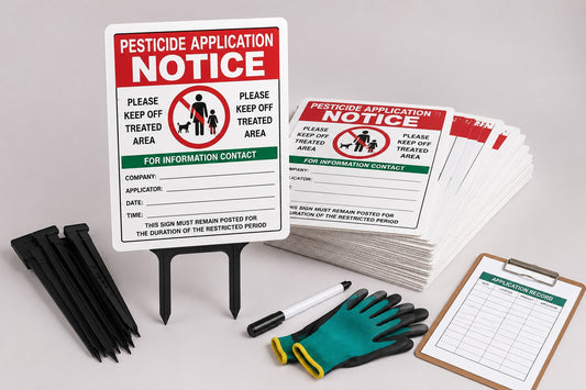 Custom pesticide application notice sign kit with corrugated plastic panels, ground stakes, marker and field supplies