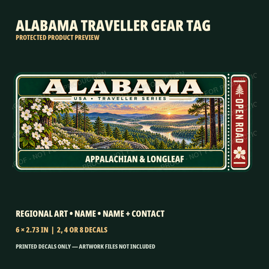 Protected Alabama Traveller Gear Tag preview with product choices - Alabama Luggage Decals — Packs of 2 to 8