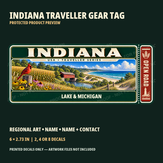 Indiana personalized Traveller Gear Tag decal — protected product preview 1