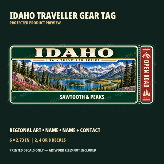 Idaho personalized Traveller Gear Tag decal — protected product preview 1