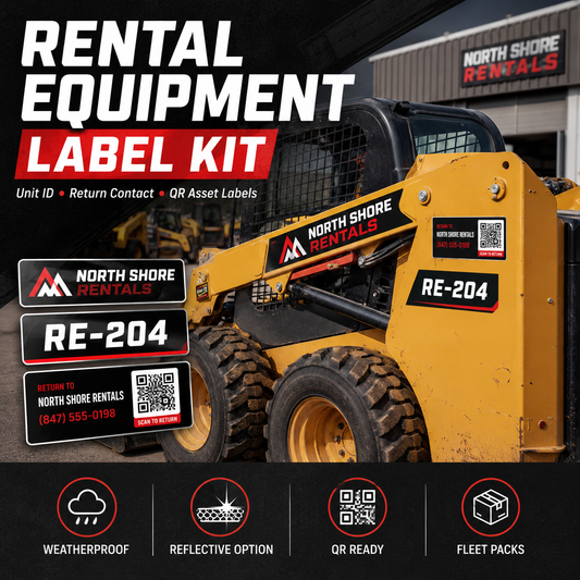 Rental equipment label kit with unit ID return contact and QR asset labels on skid steer