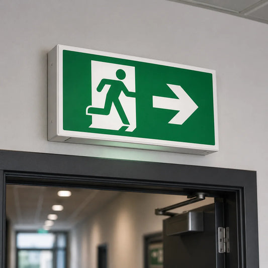 Running-man exit sign installed above an interior hallway doorway