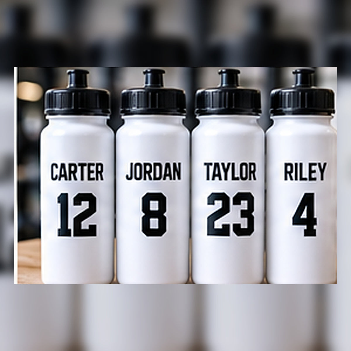 Team water bottles personalized with player names and numbers.