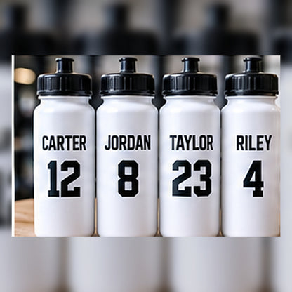 Team water bottles personalized with player names and numbers.