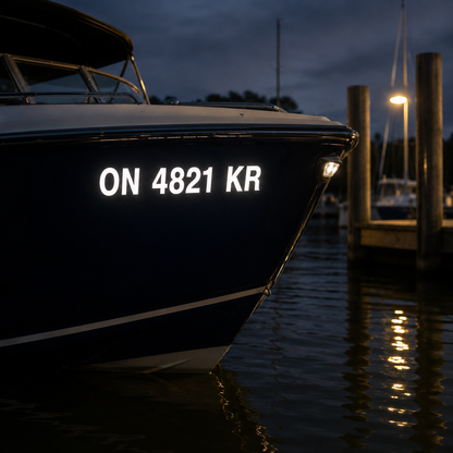 Dark hull boat registration numbers Canada — white vinyl on navy hull at twilight marina