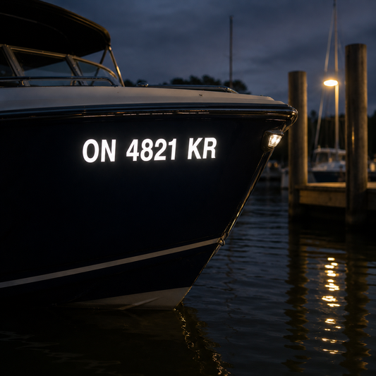 Dark hull boat registration numbers Canada — white vinyl on navy hull at twilight marina