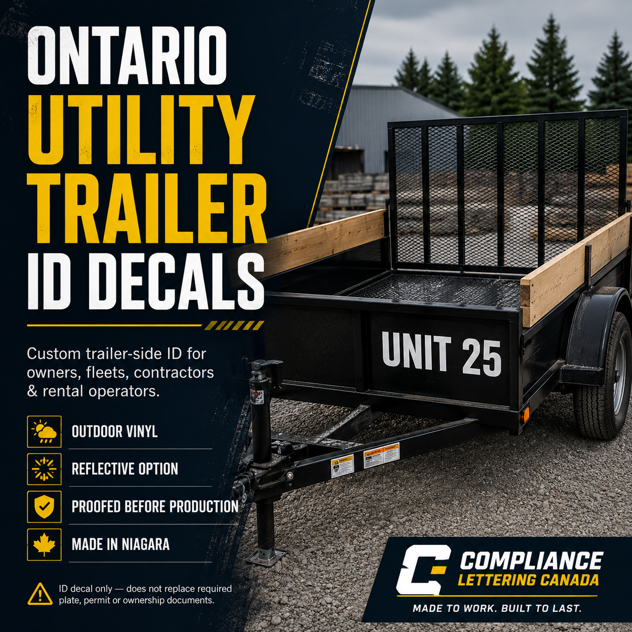 Utility trailer ID decals Ontario with custom UNIT 25 side number on black trailer