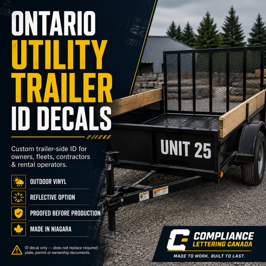 Utility trailer ID decals Ontario with custom UNIT 25 side number on black trailer