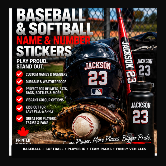 Premium baseball and softball player name and number sticker hero with batting helmet and equipment.