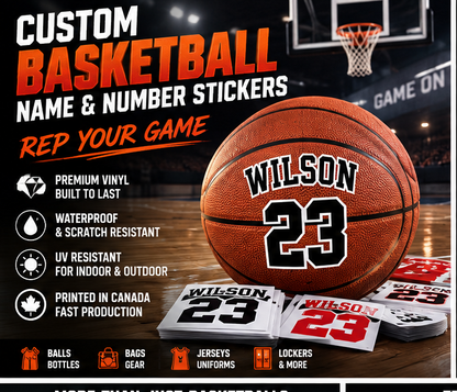 Custom basketball player name and number stickers shown with a basketball and premium sports presentation.