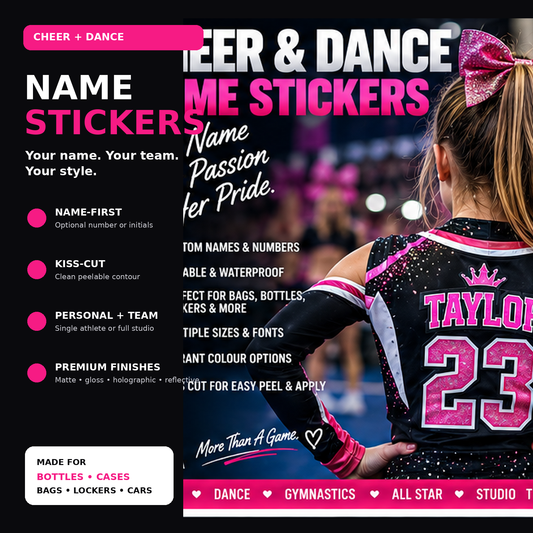 Premium cheer and dance name sticker hero showing custom athlete name identification for gear and personal items.