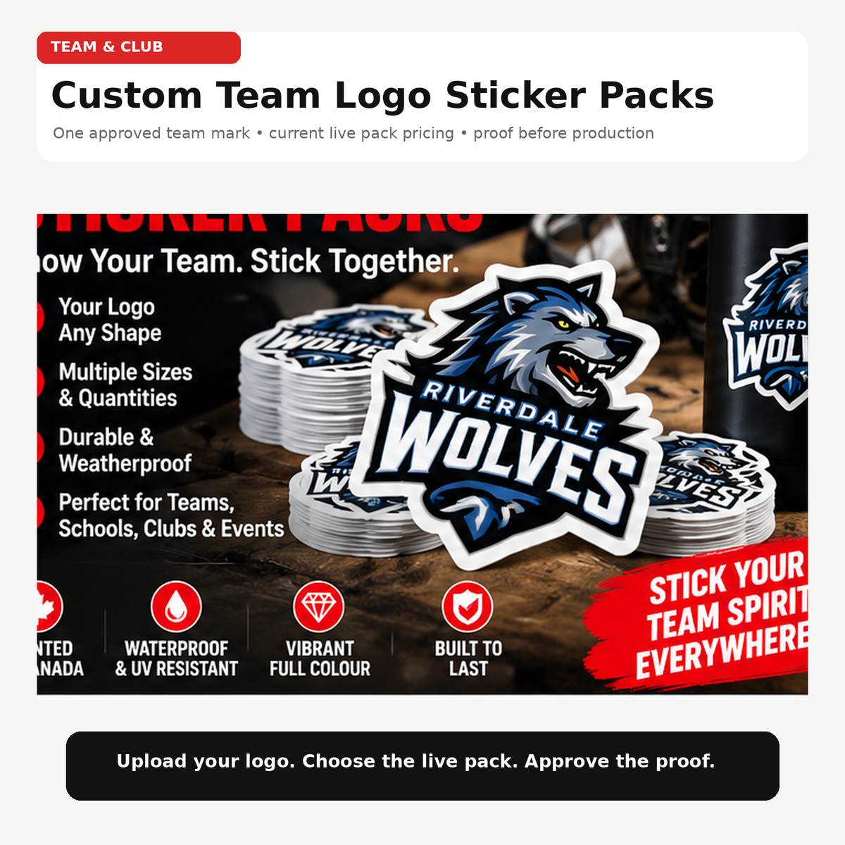 Custom team logo sticker packs shown with a fictional team crest and stacks of printed stickers.