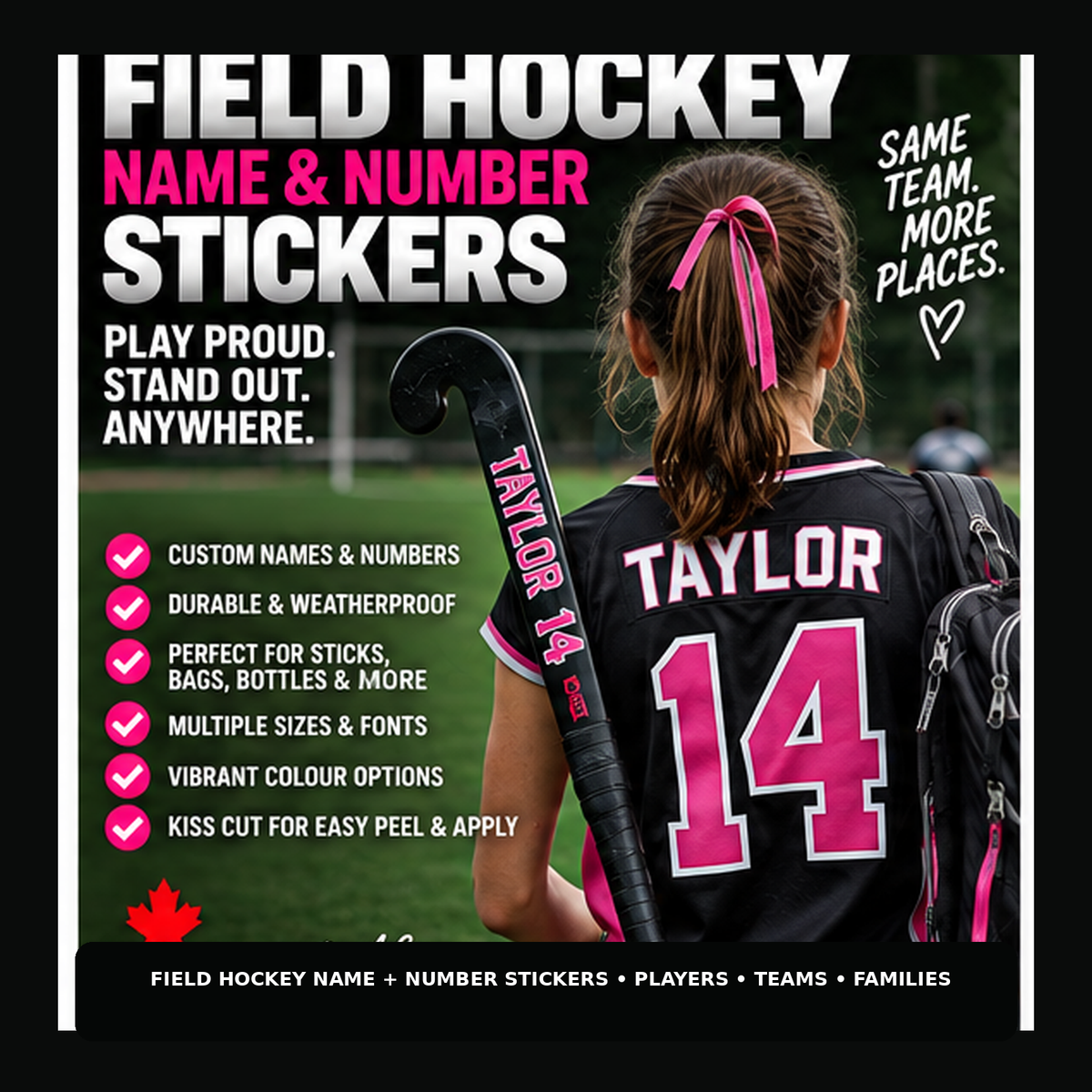 Premium field hockey player name and number sticker hero with turf styling and customized player identification.