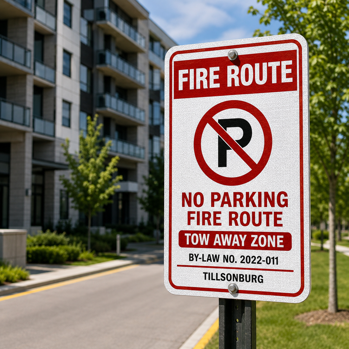 Ontario fire route sign installed outdoors in daylight at a residential property entrance