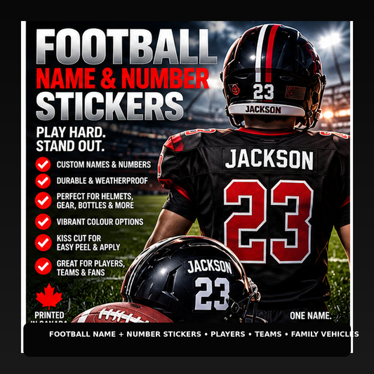 Premium football name and number sticker product hero with a black football helmet and player sticker examples.