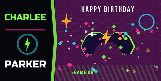 Personalized gamer birthday banner reading CHARLEE PARKER in neon green on black, with a game controller and confetti on a purple field, 2 ft by 4 ft.