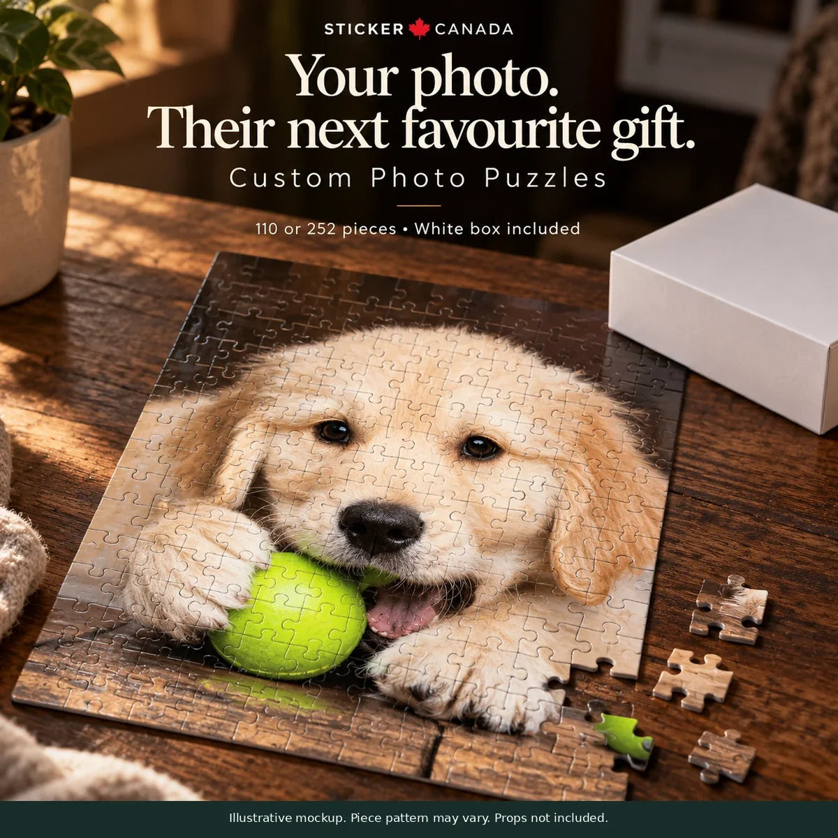 Illustrative custom puppy photo puzzle on a warm wooden tabletop beside a plain white storage box.