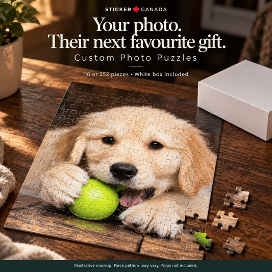 Illustrative custom puppy photo puzzle on a warm wooden tabletop beside a plain white storage box.