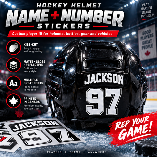 Custom hockey player name and number stickers shown on a black hockey helmet with kiss-cut sticker sheets nearby.