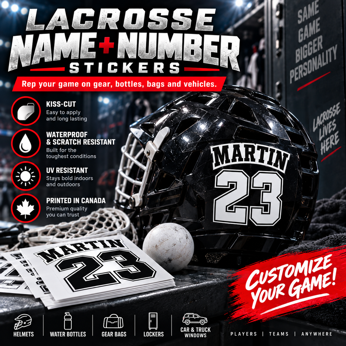 Custom lacrosse player name and number sticker pack hero image with helmet, sticker sheets and strong sports branding.