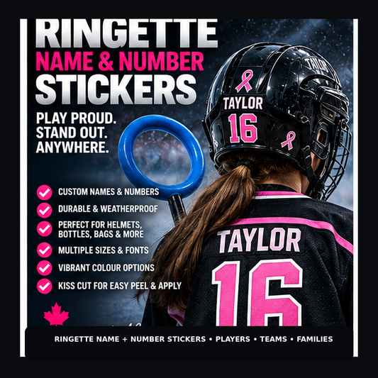 Premium ringette player name and number sticker hero with rink styling and personalized player identification.
