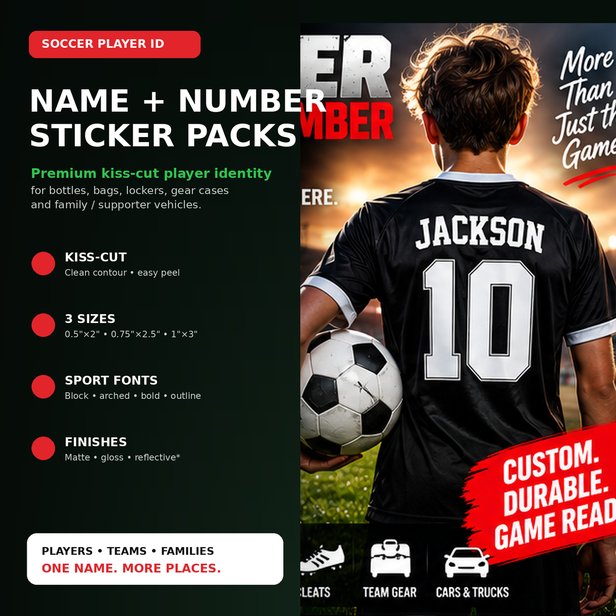Premium soccer player name and number sticker pack hero with stadium styling and player identity details.