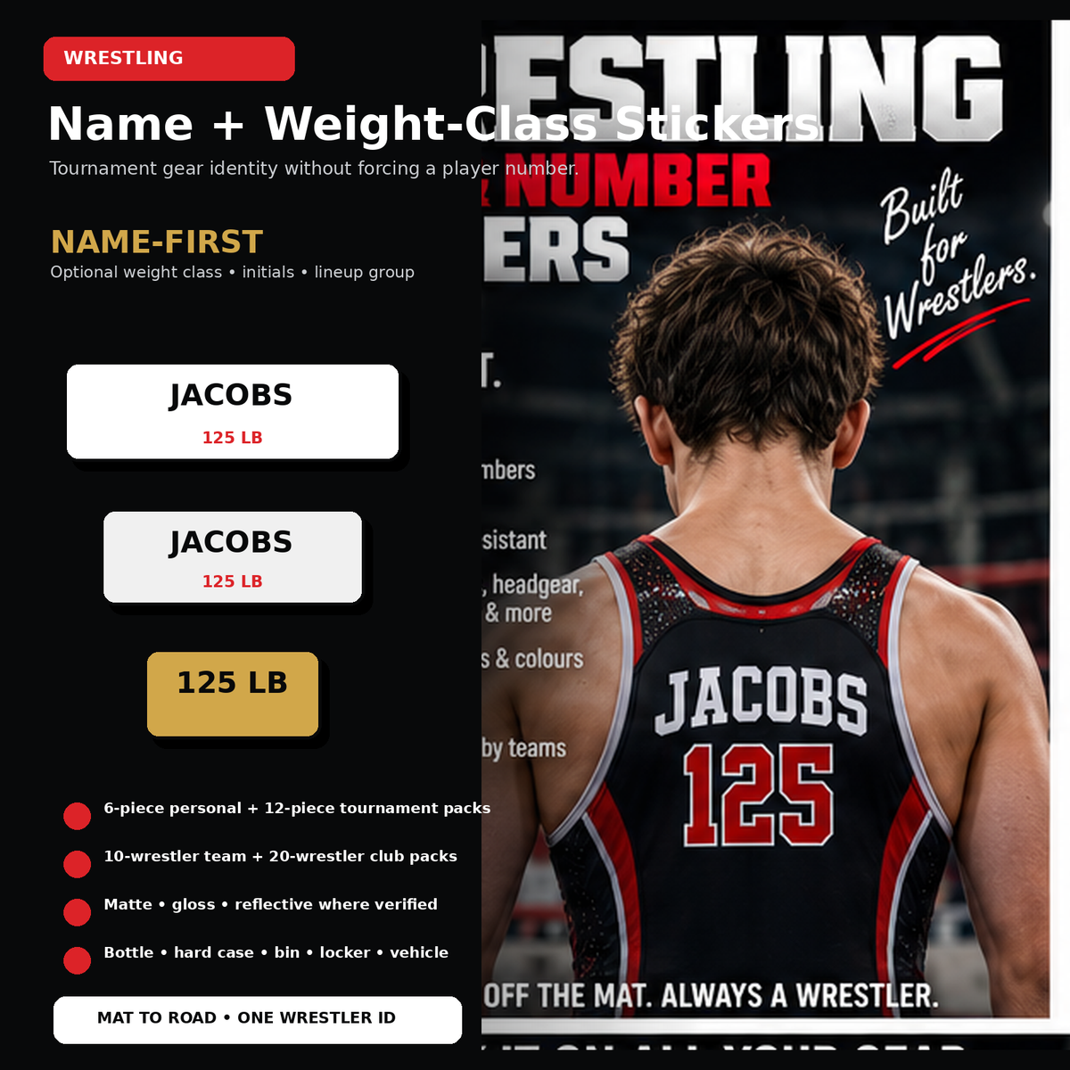 Premium wrestling name sticker hero showing wrestler context and kiss-cut athlete name stickers with optional weight class.