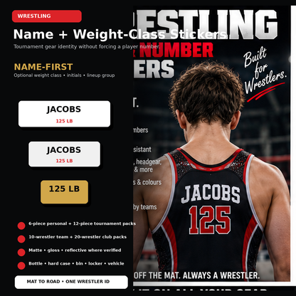 Premium wrestling name sticker hero showing wrestler context and kiss-cut athlete name stickers with optional weight class.