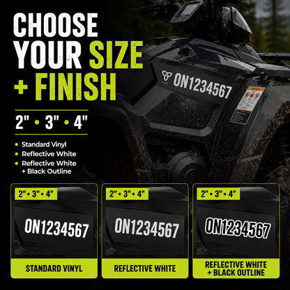 ATV number decal size and finish options in 2 inch 3 inch and 4 inch character heights