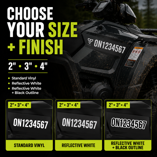 ATV number decal size and finish options in 2 inch 3 inch and 4 inch character heights